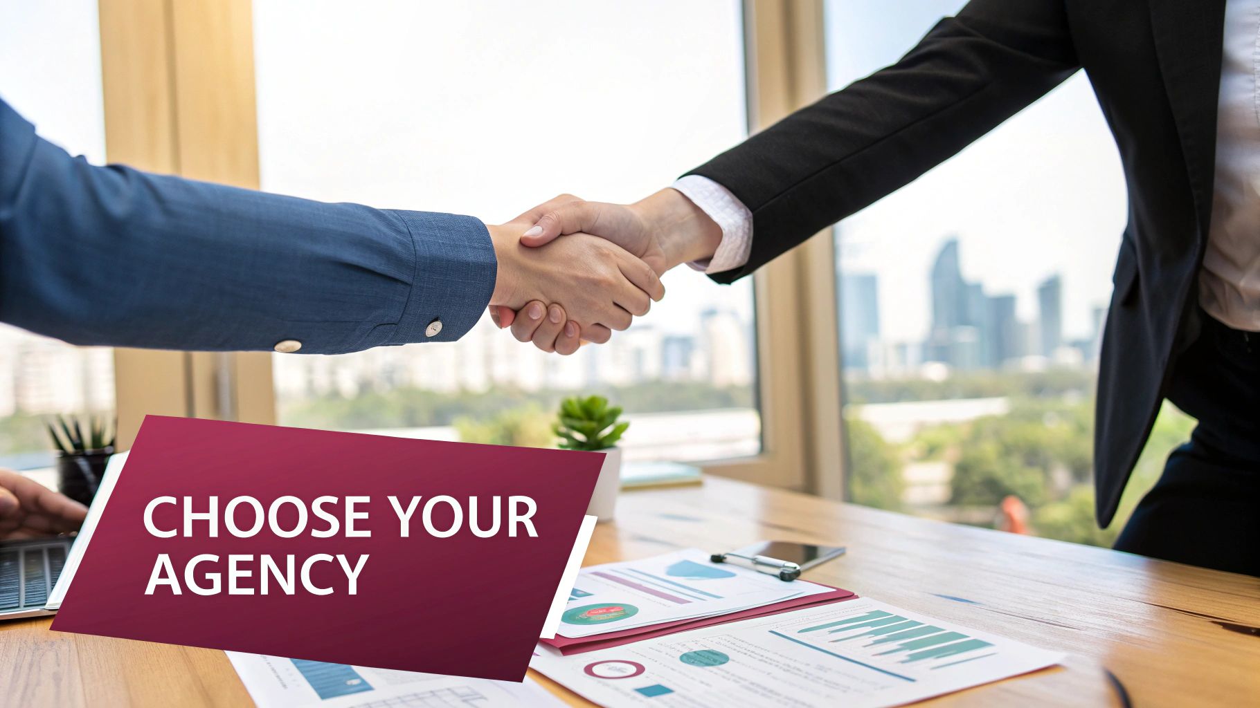 Two business professionals shaking hands in an office, with 'CHOOSE YOUR AGENCY' overlay and city view.