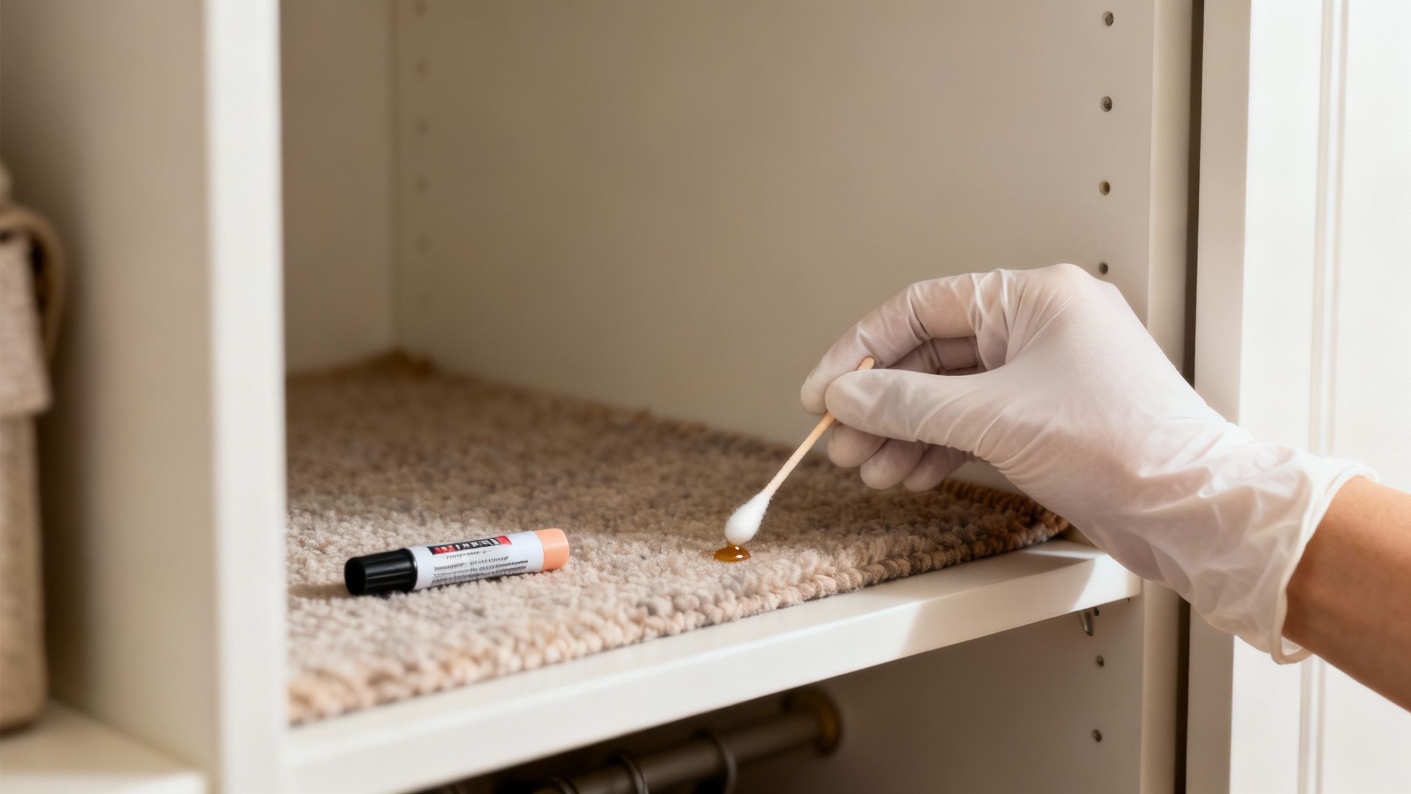 A professional carpet cleaner using an extraction wand on a stained carpet.