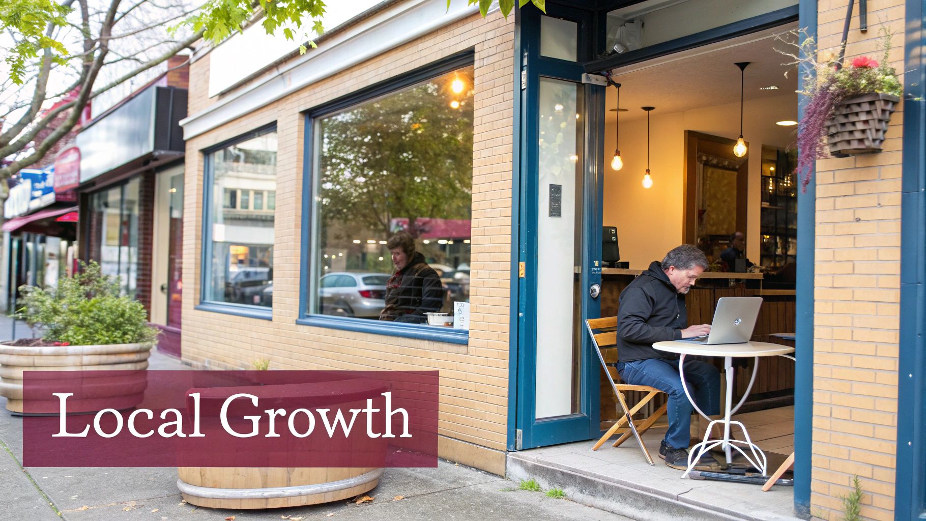 A man works on a laptop at an outdoor cafe table, showcasing urban local business street life.