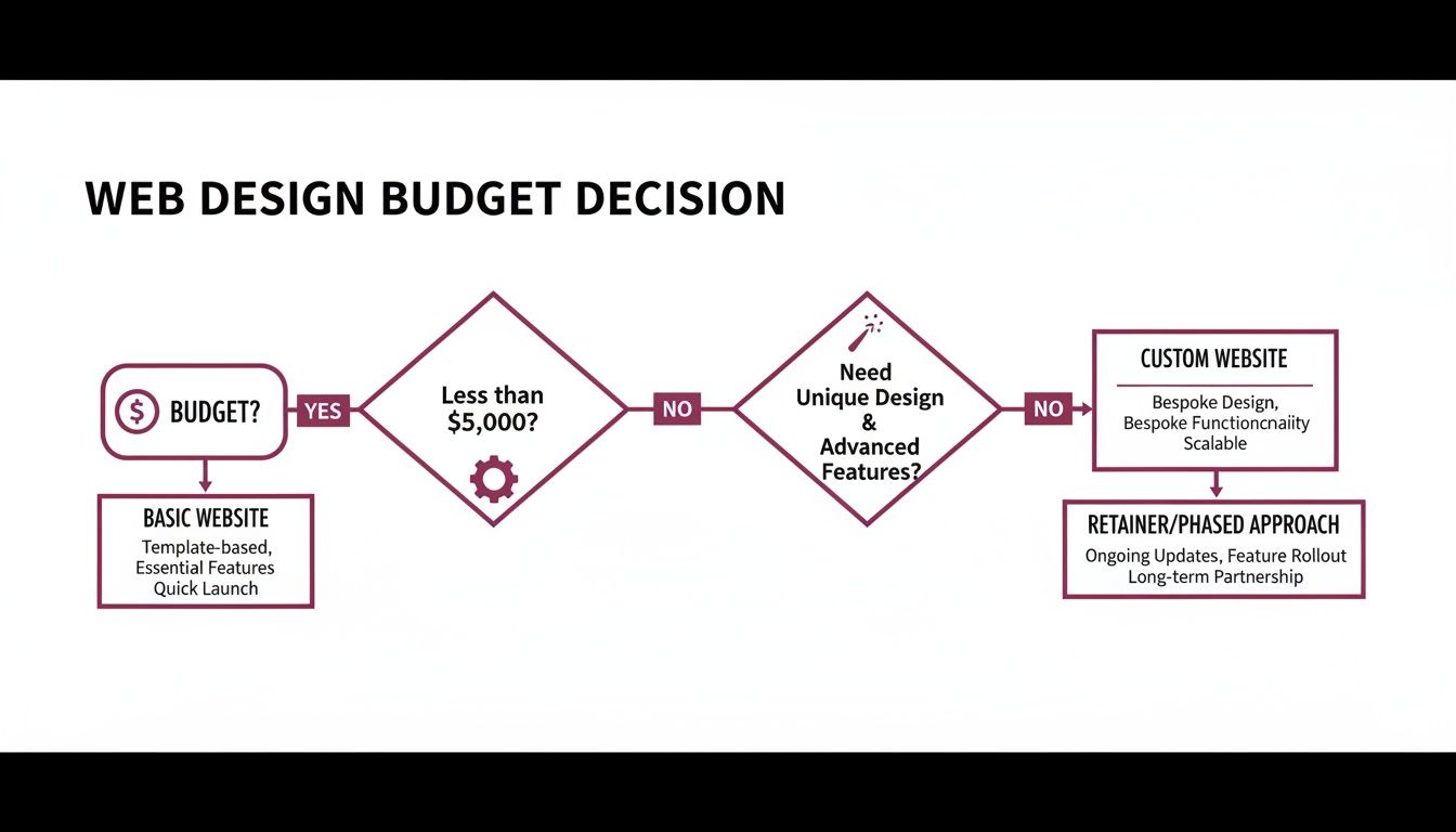 Flowchart outlining web design budget decisions, guiding users from basic to custom websites and phased approaches.