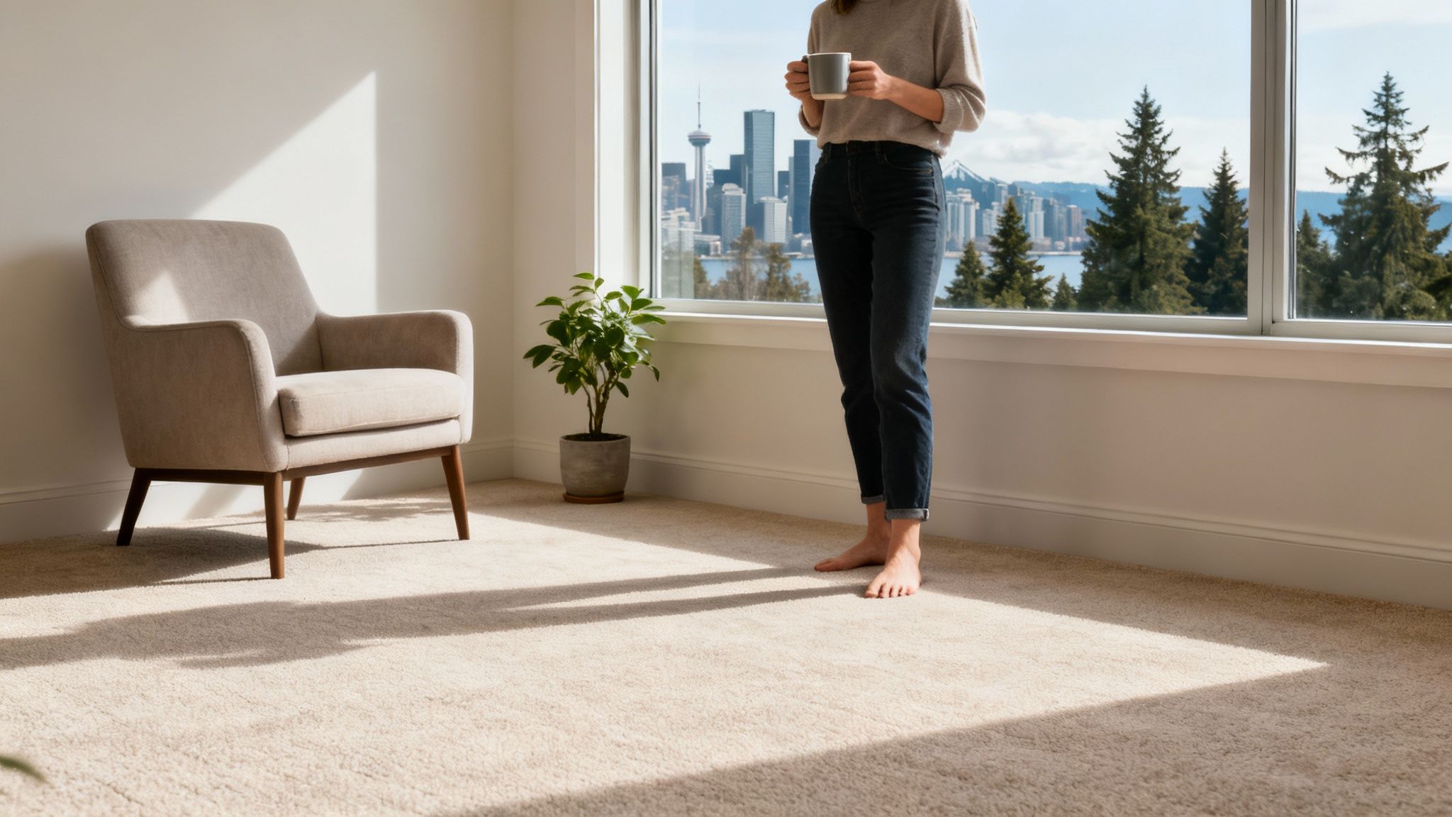 A professional carpet cleaner using specialized equipment on a light-coloured carpet in a well-lit living room.
