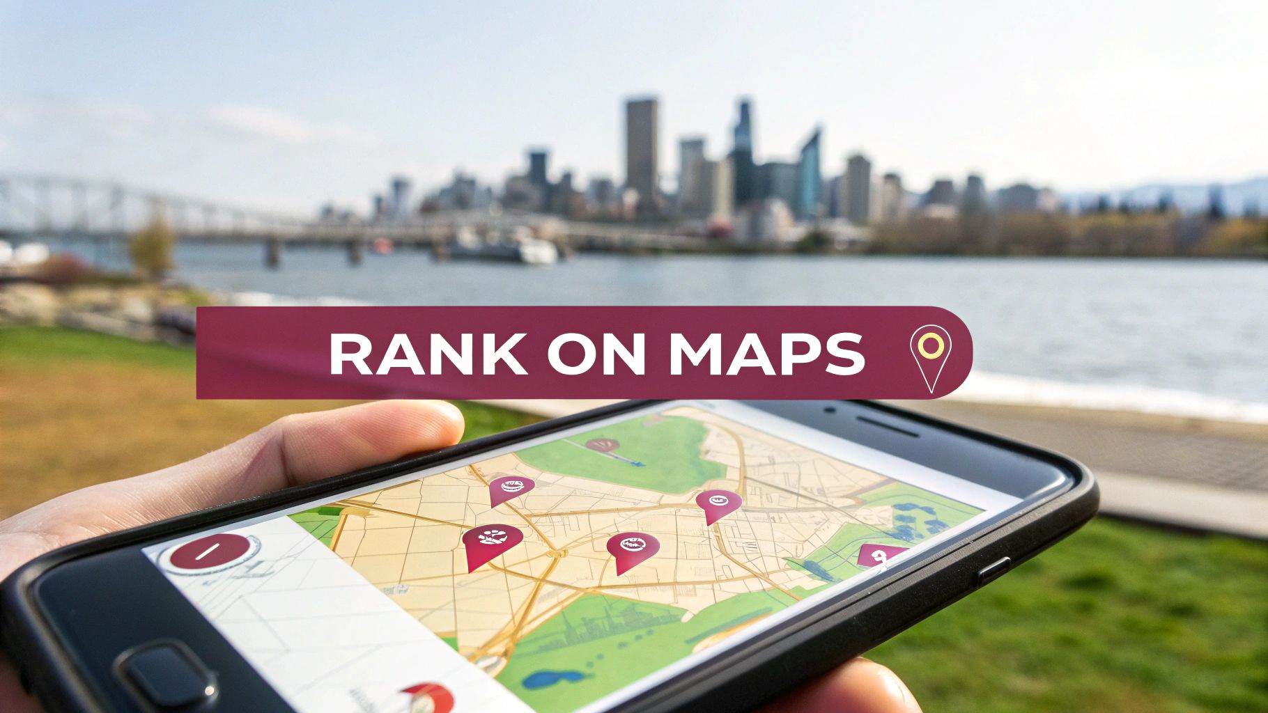 A hand holds a phone displaying a map with red location pins and an overlay 'RANK ON MAPS'.