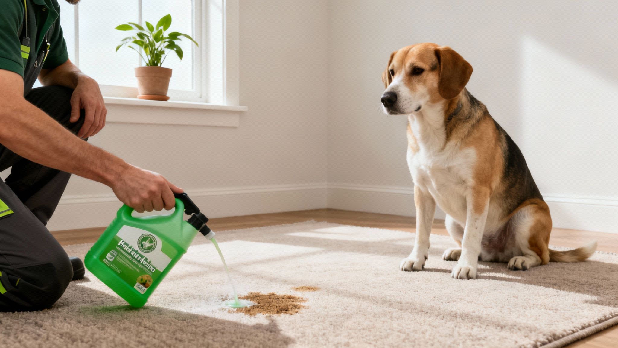 A person applying carpet cleaner to a brown stain, with a curious dog observing.