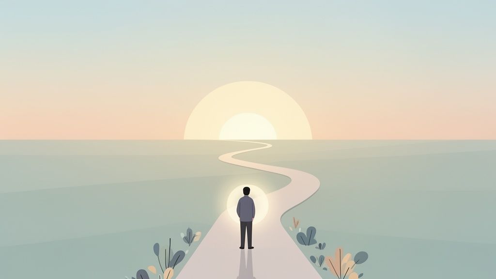 Minimalist illustration of a person on a winding path towards a large, bright sun, symbolizing hope and journey.