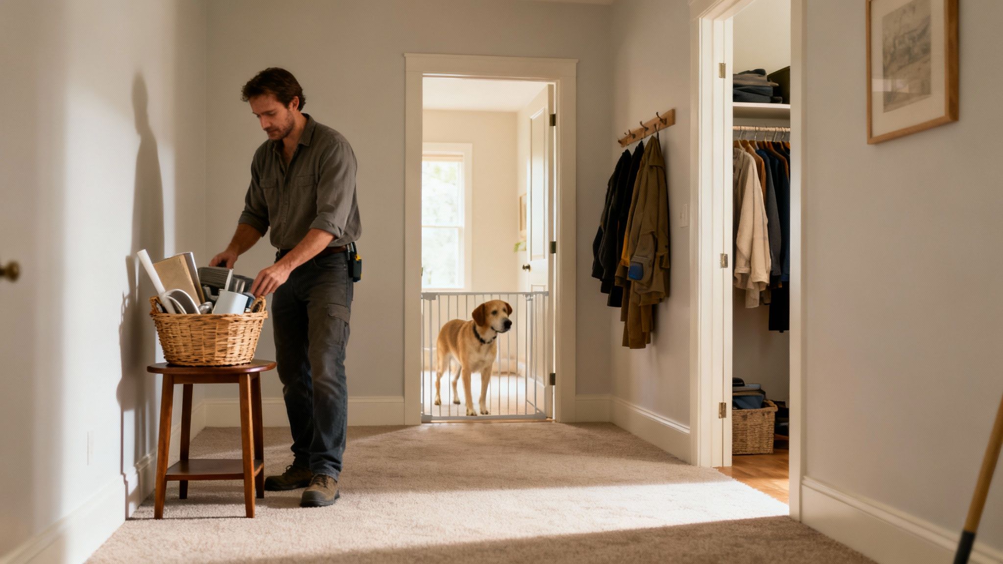 A man sorts items in a wicker basket in a carpeted hallway, with a dog behind a gate.