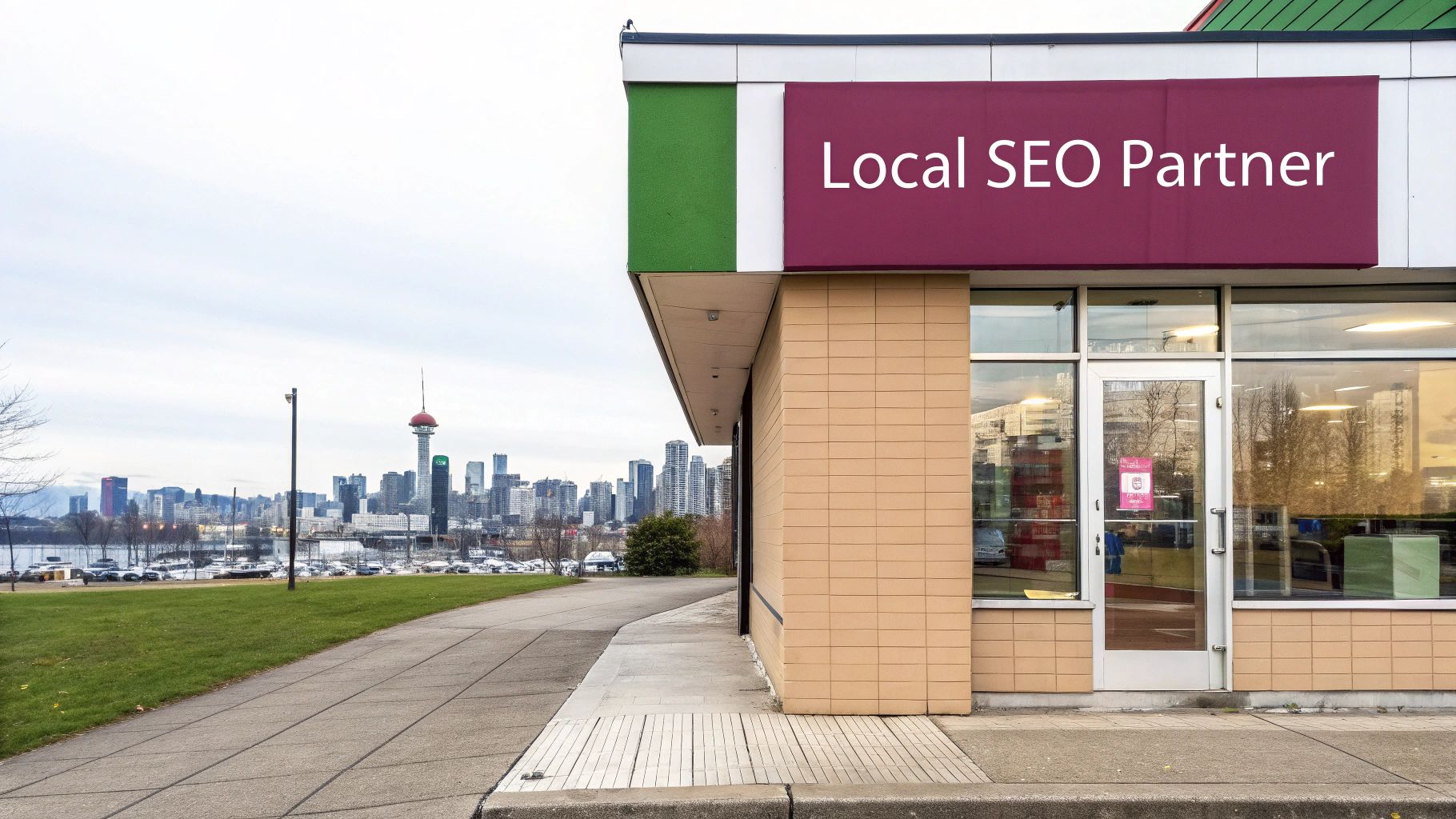 A building sign says 'Local SEO Partner' with the Vancouver cityscape in the background.