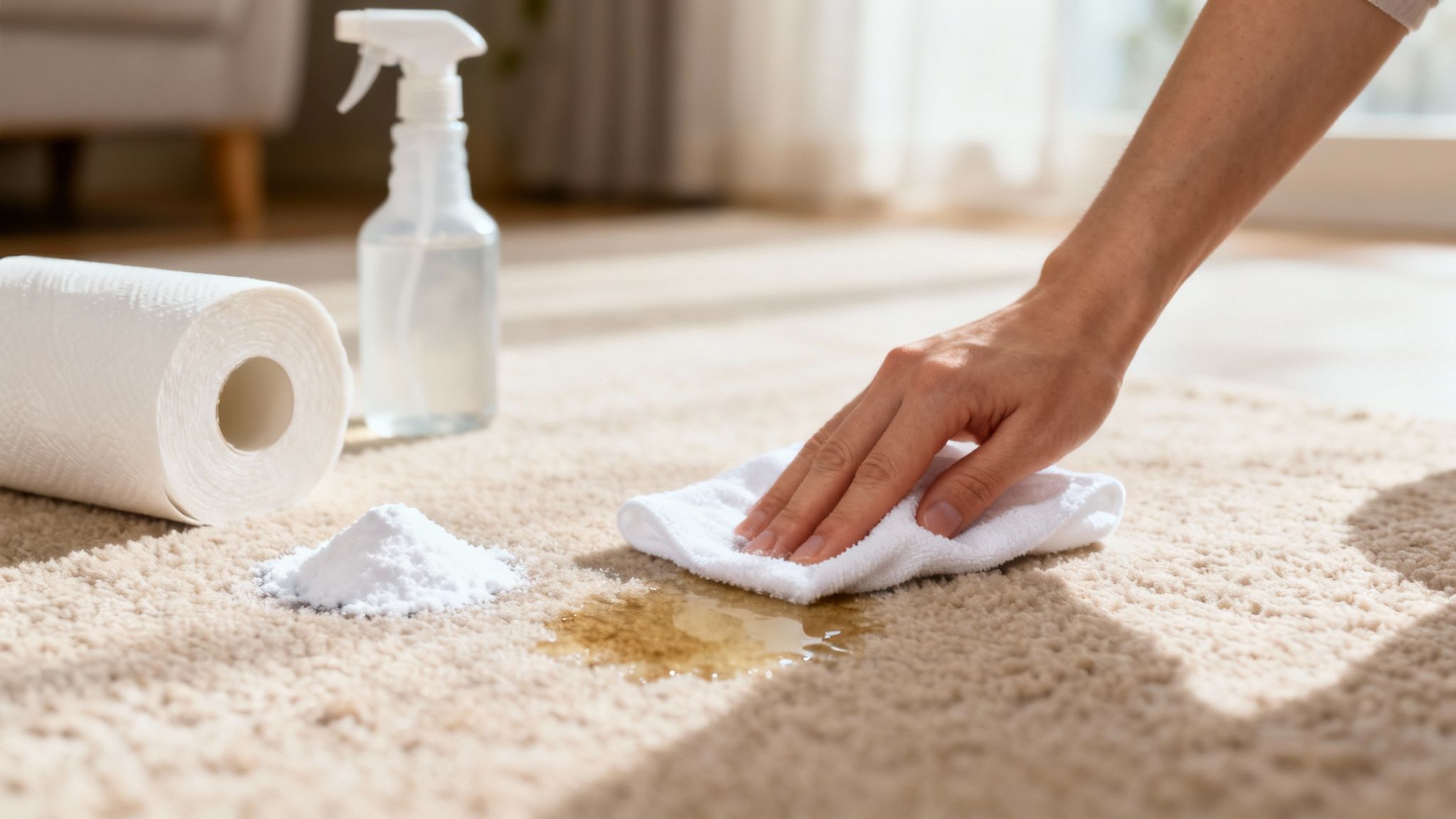 A person blotting a fresh pet stain on a light-coloured carpet with a white cloth.
