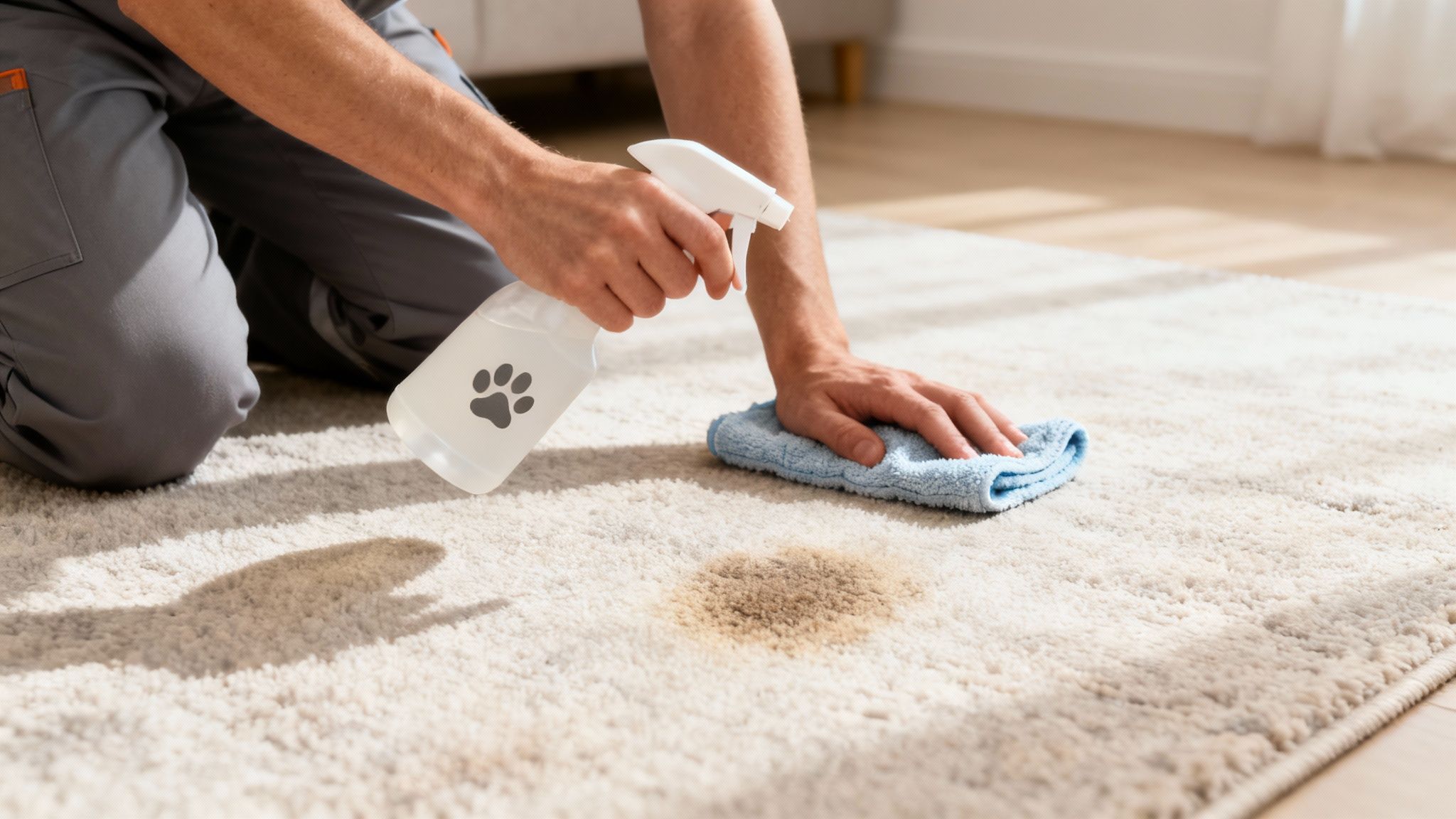 Someone cleaning a pet stain from a fluffy white rug using a spray bottle with a paw print.