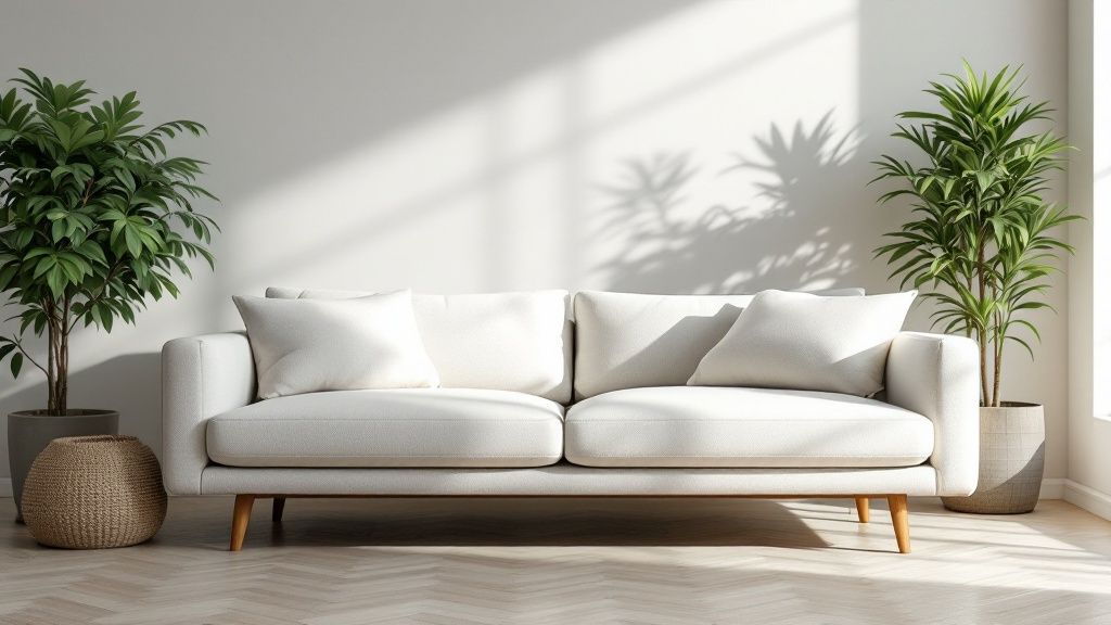 A professional upholstery cleaner uses a hot water extraction tool on a light grey sofa