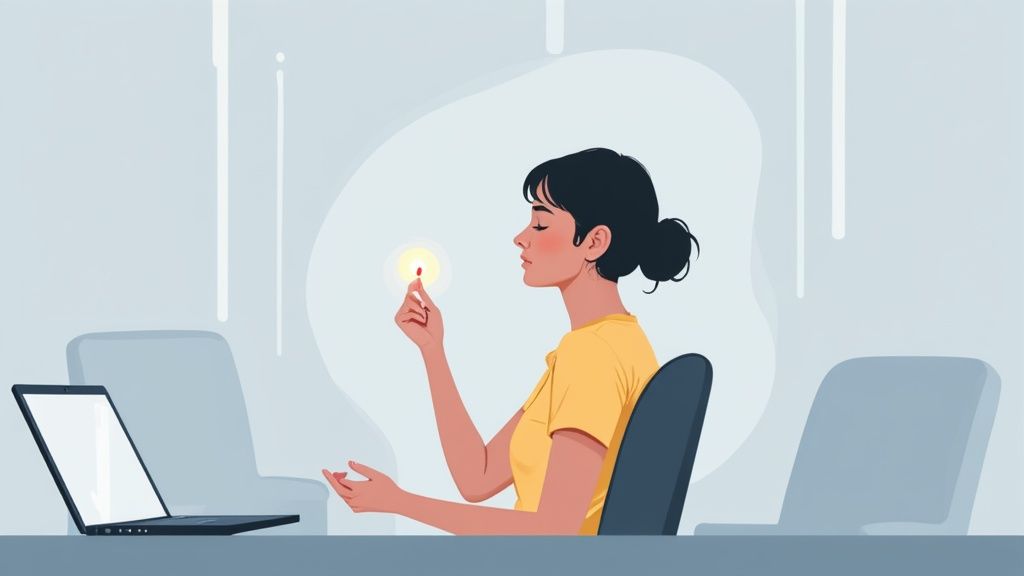 A woman with eyes closed, meditating and holding a small glowing red object near a laptop.