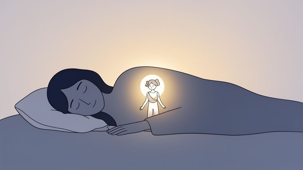 Minimalist illustration of a sleeping person with a glowing inner figure, symbolizing lucid dreaming.