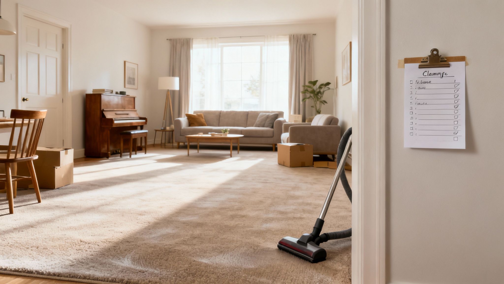 A person vacuuming a light grey carpet in a brightly lit room.