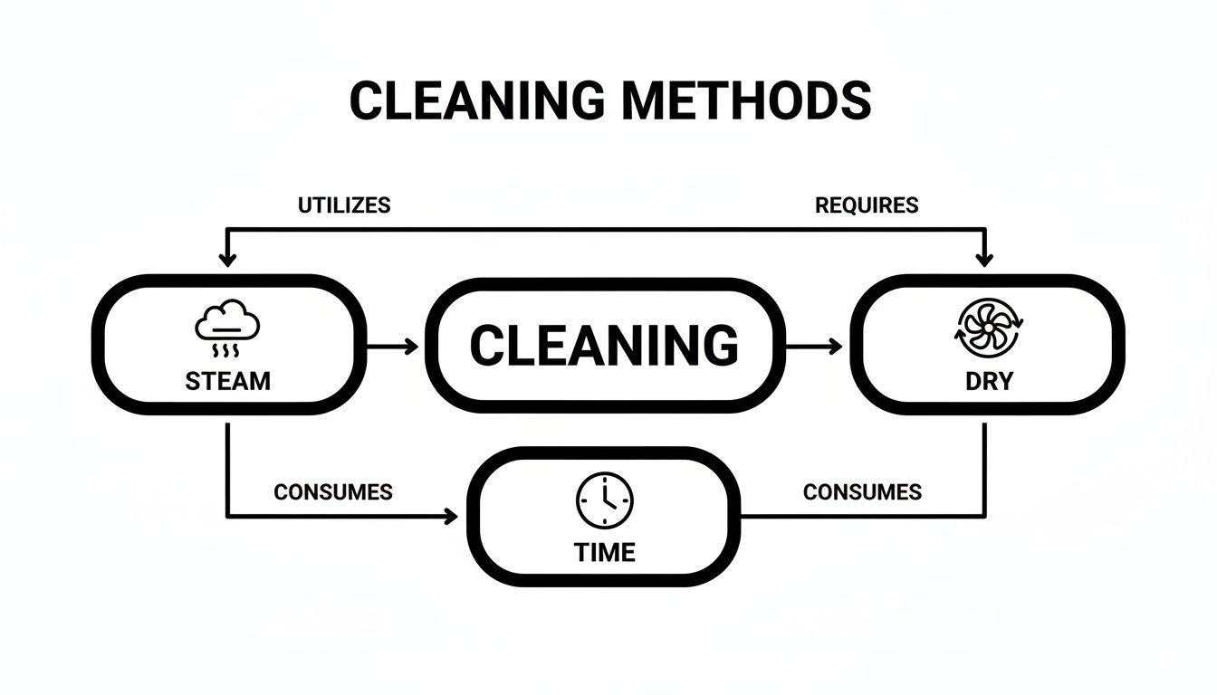 A flowchart illustrating cleaning methods, showing cleaning utilizes steam, requires drying, and both consume time.