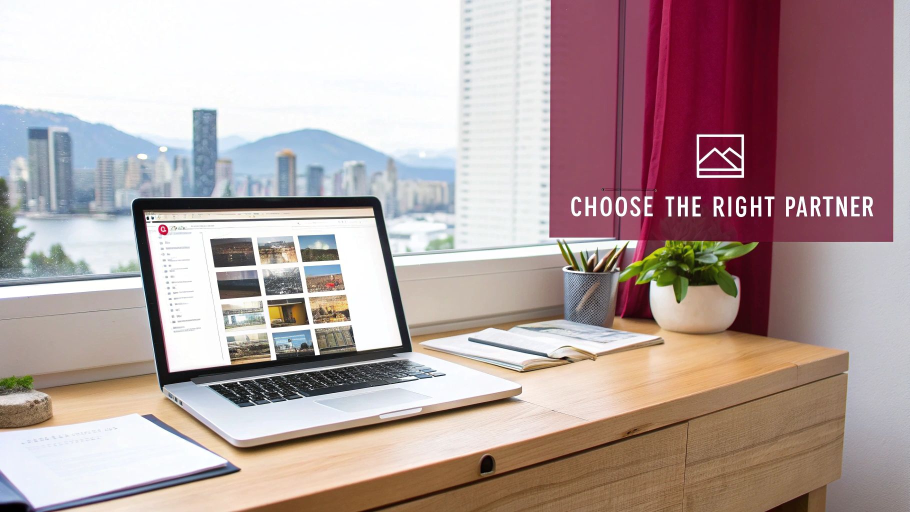 A laptop on a light wooden desk overlooks a cityscape and mountains from a window.