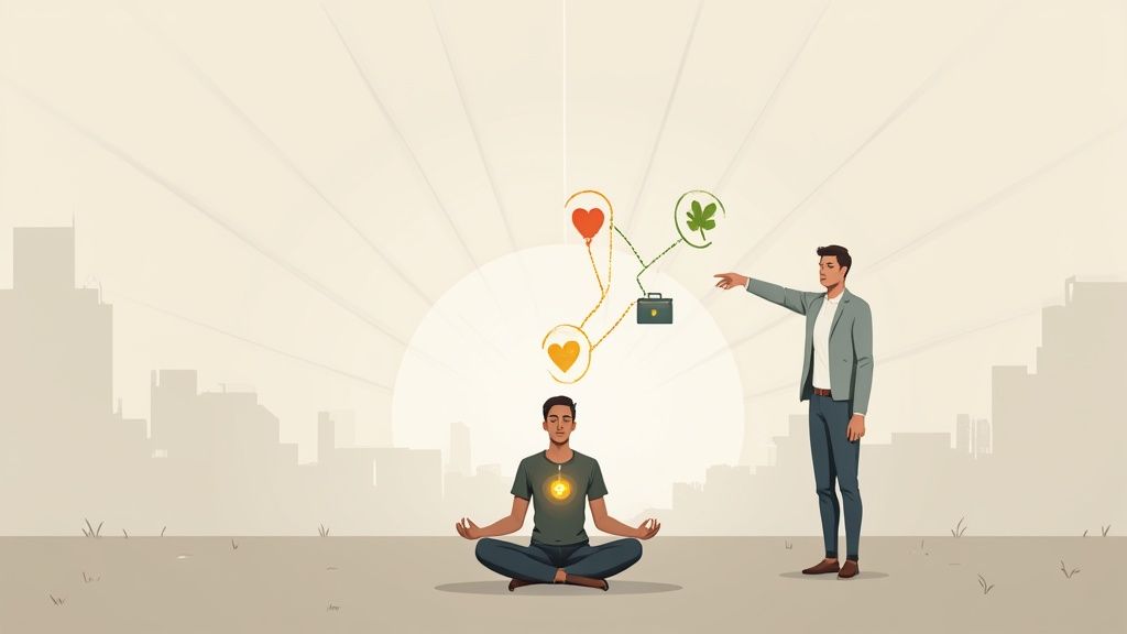 Man meditating, balancing personal and professional life with heart, luck, and work symbols.