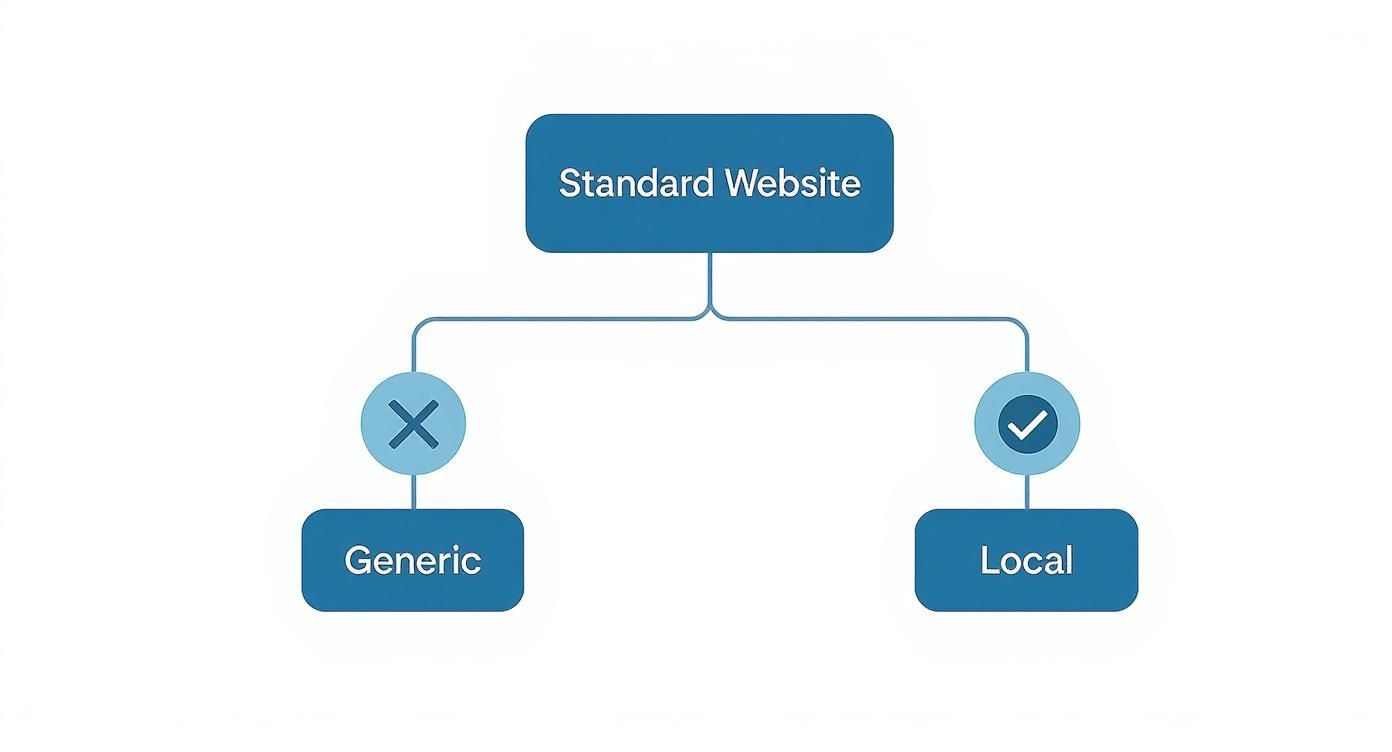 Flowchart diagram showing standard website branching into generic and local options with decision indicators