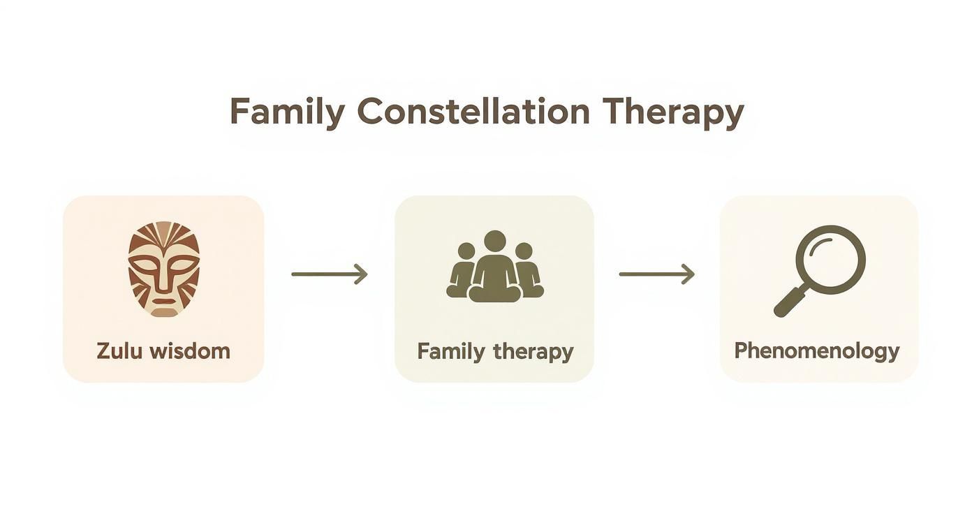 Infographic showing the foundations of Family Constellation Therapy, including Zulu Wisdom, Family Therapy, and Phenomenology
