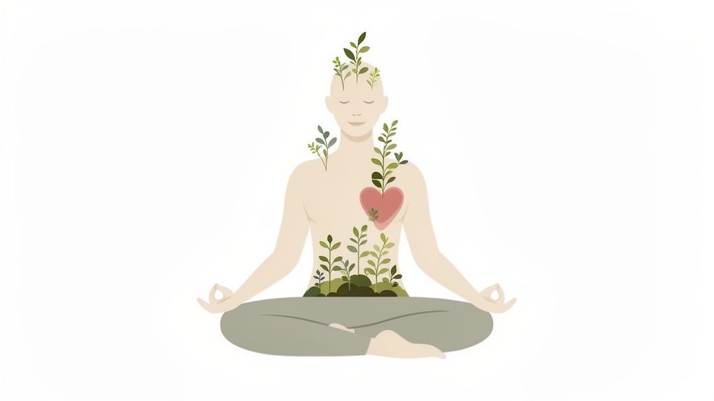An illustration of a meditating person with plants and a heart, symbolizing inner growth and well-being.