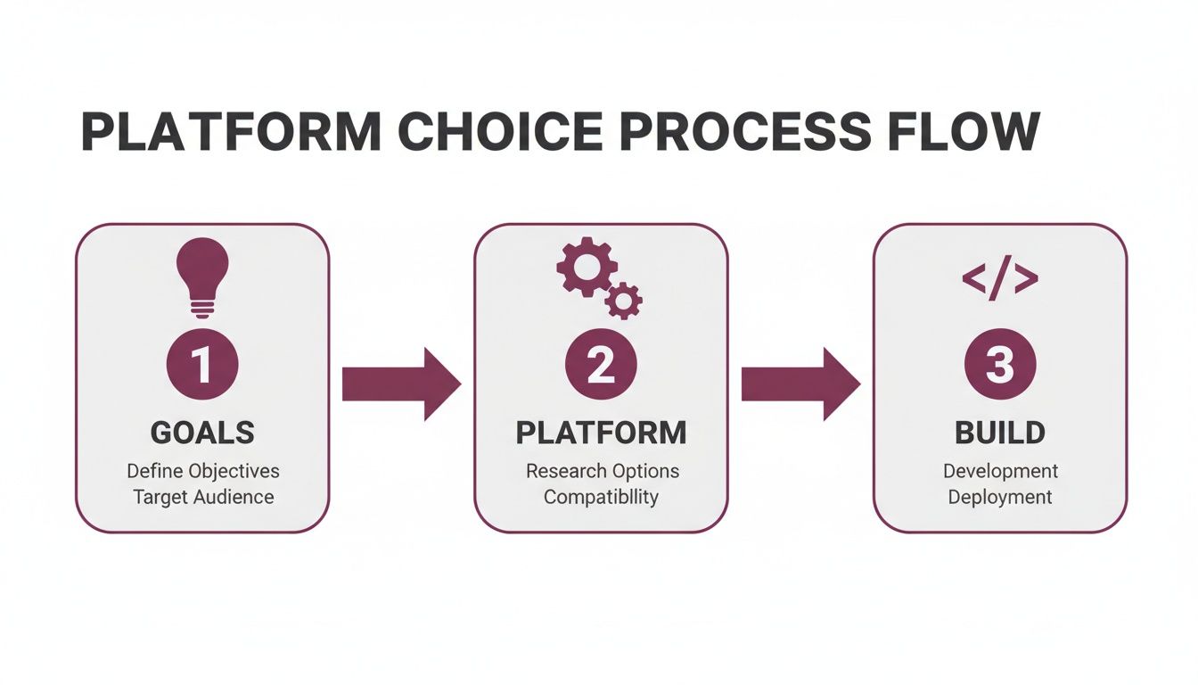 A three-step process flow for platform choice: Goals, Platform, Build, with descriptions and icons.