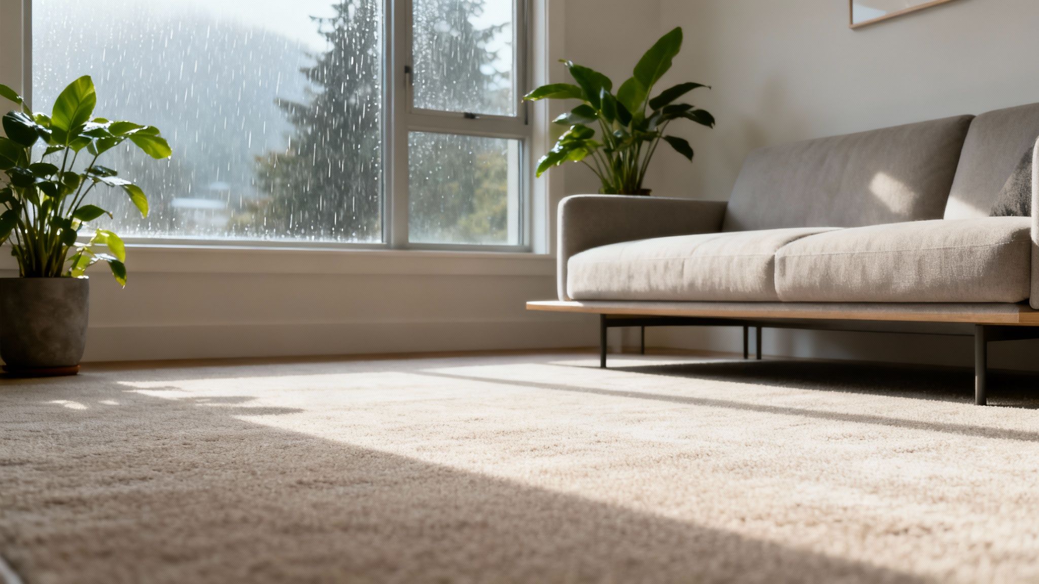 A bright, clean living room with a professionally cleaned carpet, showcasing a healthy home environment.
