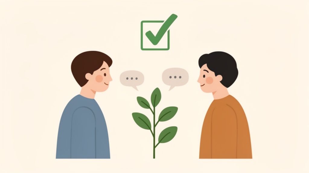 Two people communicate with speech bubbles and a plant, symbolizing successful discussion and growth.