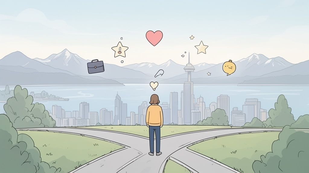 A person at a crossroads, contemplating life choices like career, love, and happiness, with a city in the background.