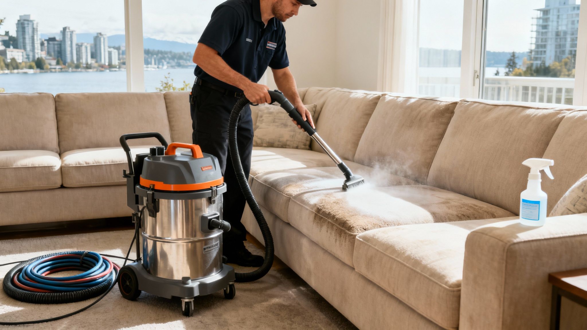 A professional cleaner uses a steam cleaner to remove dirt from a beige couch in a living room with a city view.