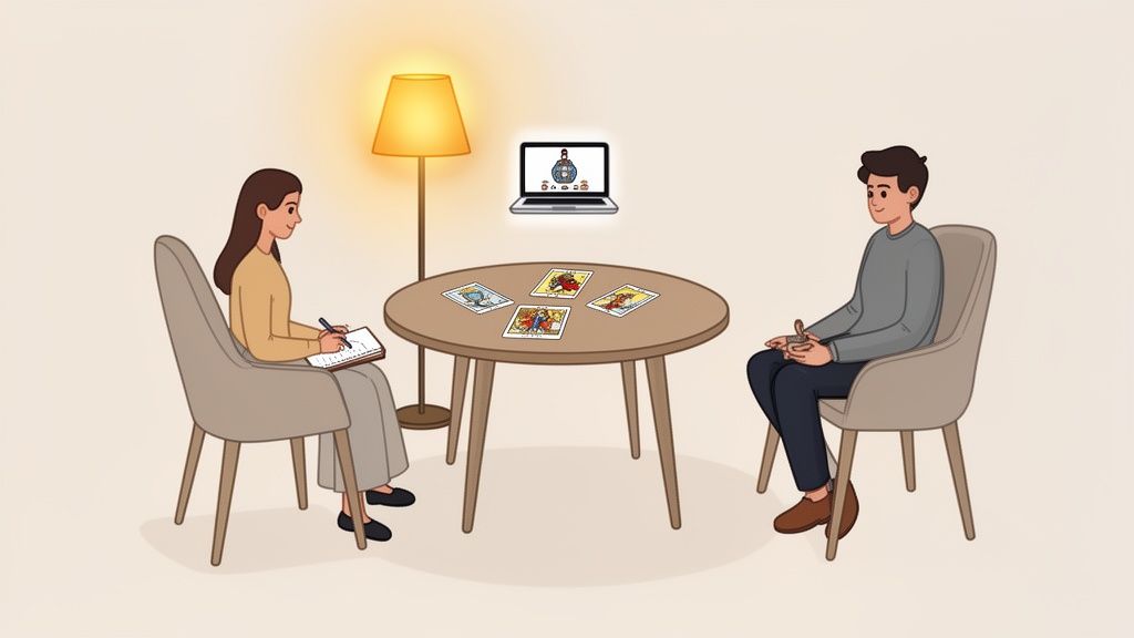 A psychic medium reads tarot cards for a client in a cozy, illuminated room with a laptop.