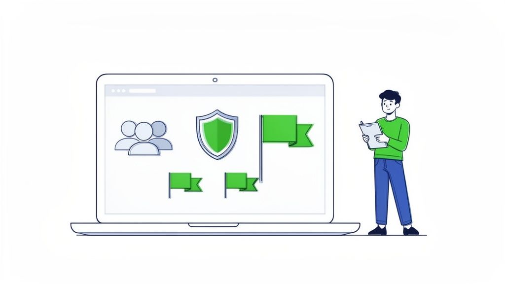 A man reviews team, security, and goal icons displayed on a laptop screen with a clipboard.