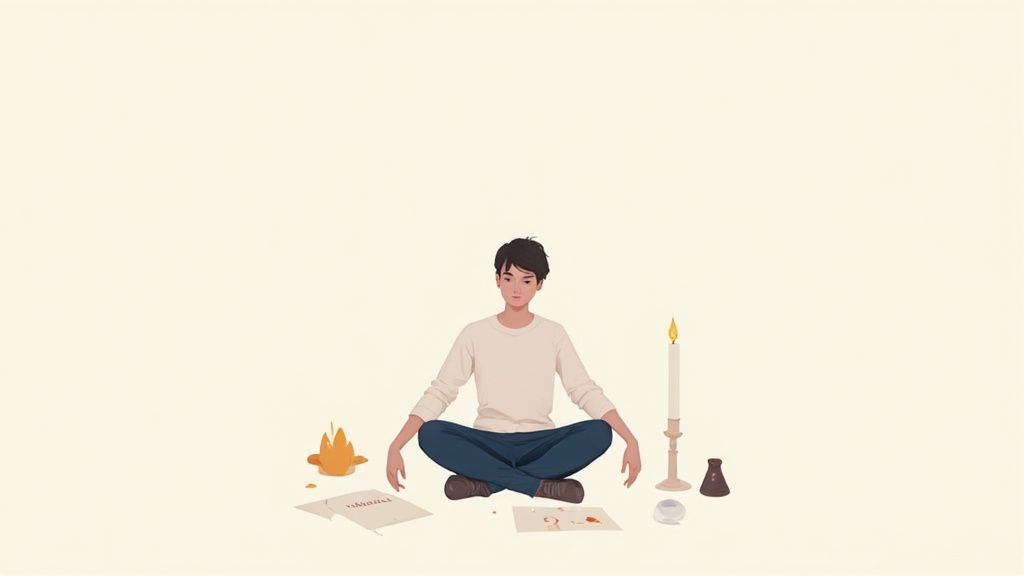 Person meditating in cross-legged position surrounded by candle, crystals, and spiritual tools illustration