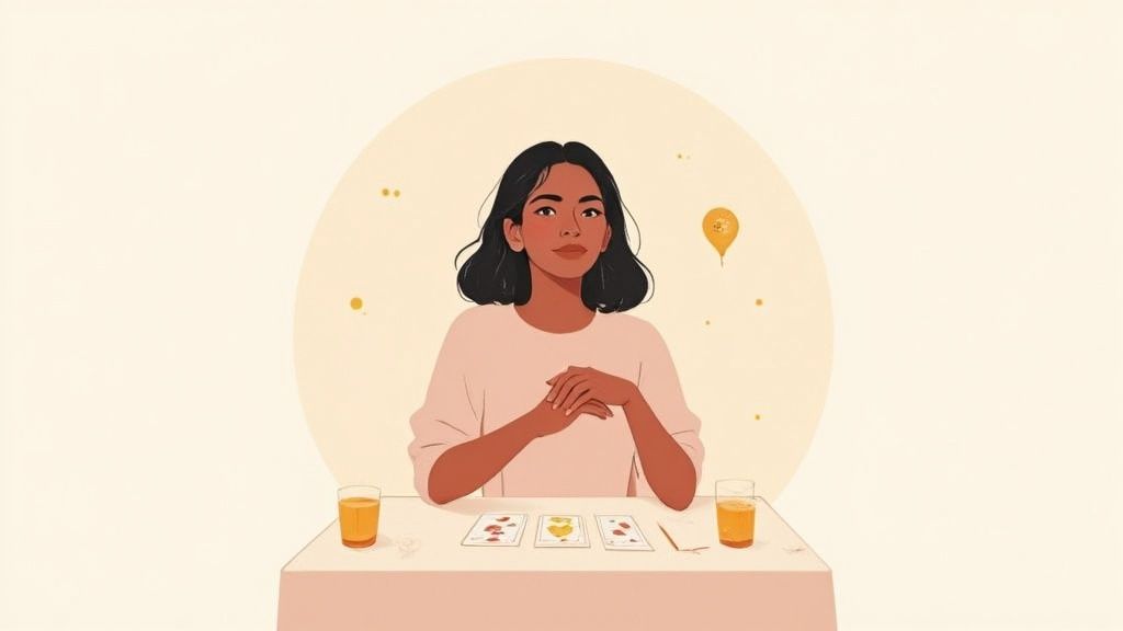An illustration of a woman looking forward, with tarot cards and juice on a table.
