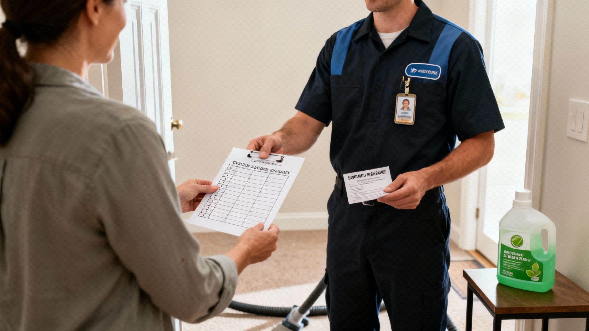 A service technician in uniform hands a checklist to a woman in her home, next to cleaning supplies.