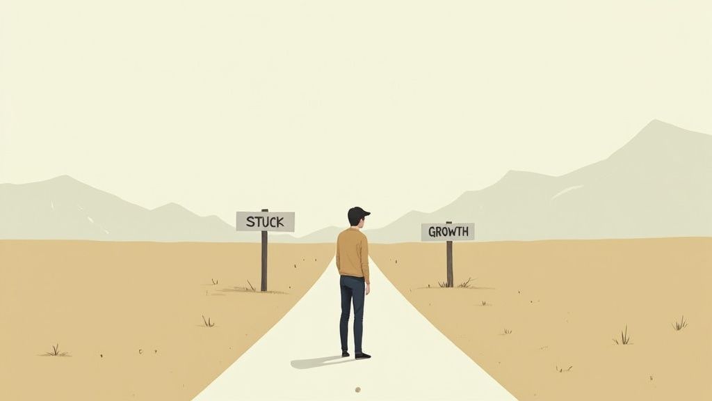 A person stands at a crossroads with multiple paths leading into a forest.