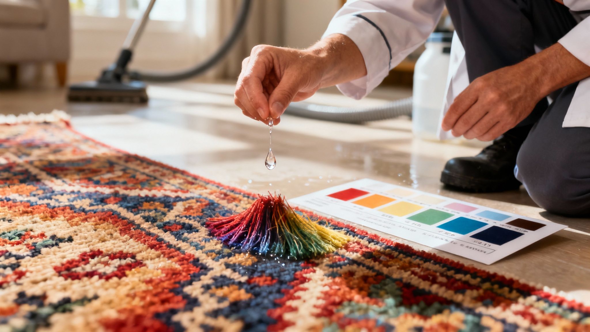 A close-up of a technician carefully inspecting the fibres of a colourful Oriental rug before cleaning.