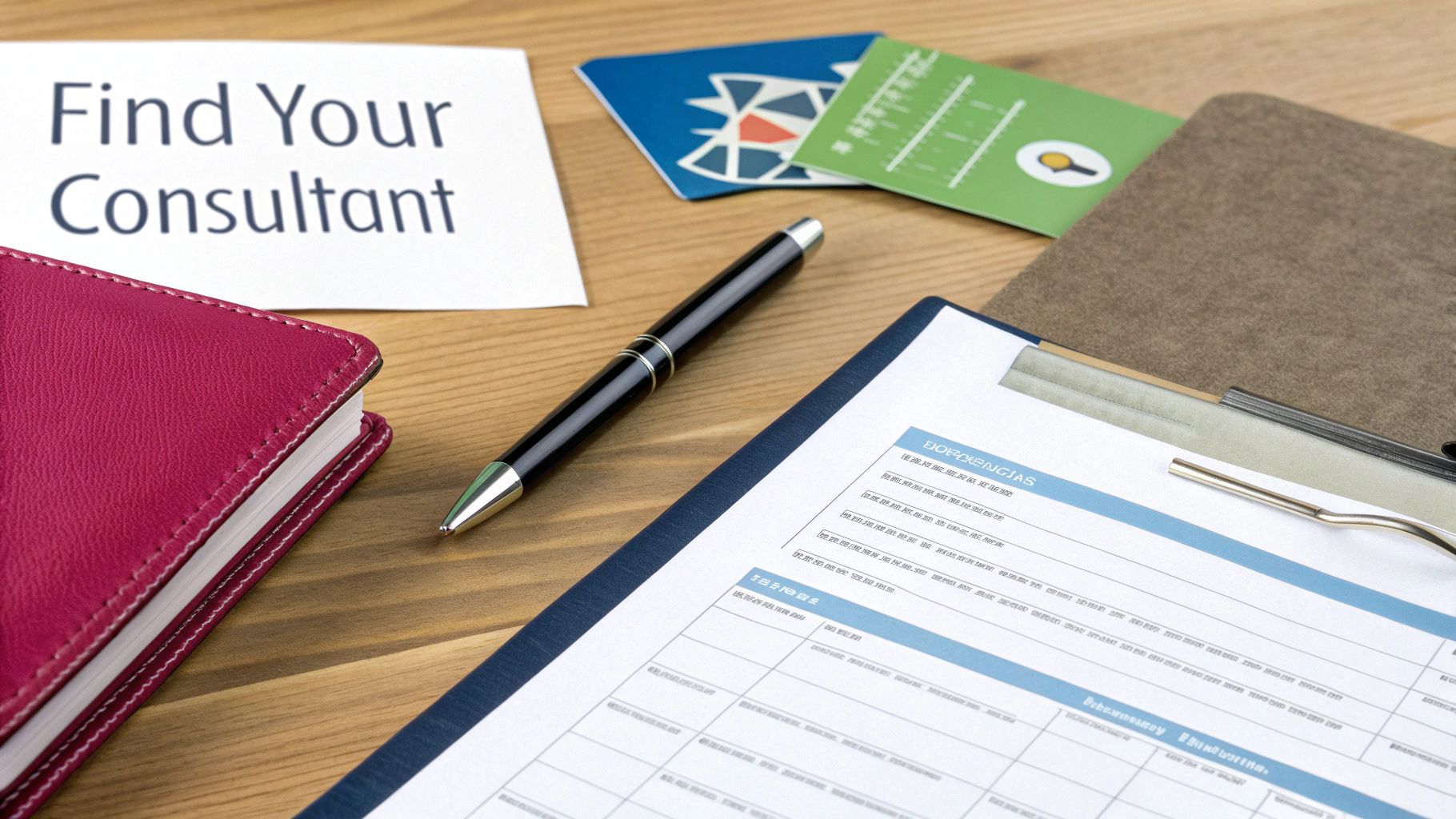 A wooden desk with a paper saying 'Find Your Consultant', a notebook, pen, and business documents.