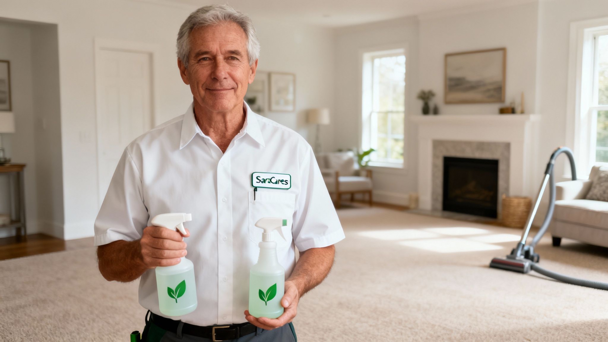 A friendly male cleaner from SaraCares holds two eco-friendly spray bottles in a bright living room.