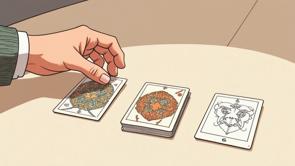 A person's hands holding a colourful tarot deck, fanning out the cards over a dark surface.