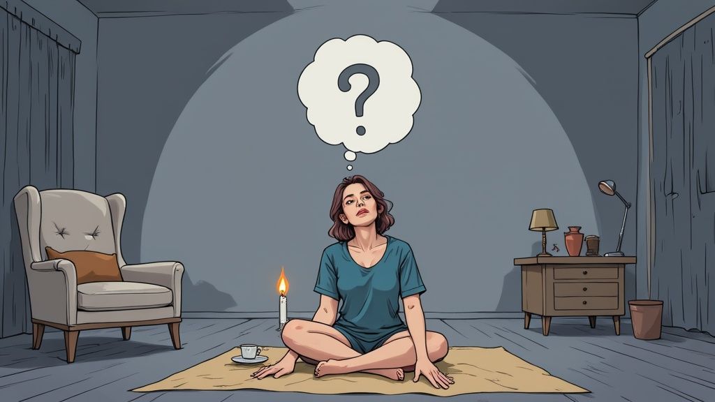 A calm, meditative space with a candle, crystals, and a journal, ready for an intuitive session.