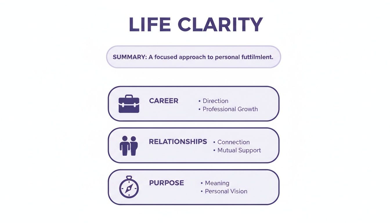 A diagram illustrating life clarity categories: career, relationships, and purpose, for personal fulfillment.