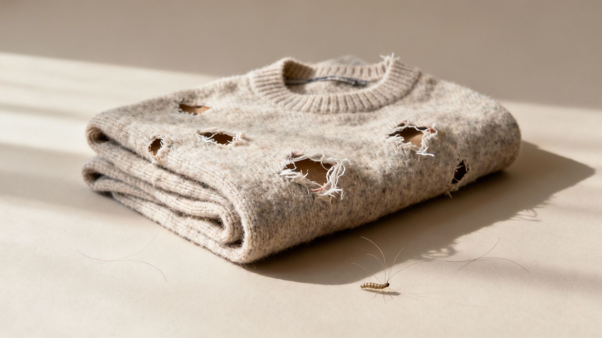 A magnifying glass showing a close-up of a varied carpet beetle on a textured rug.