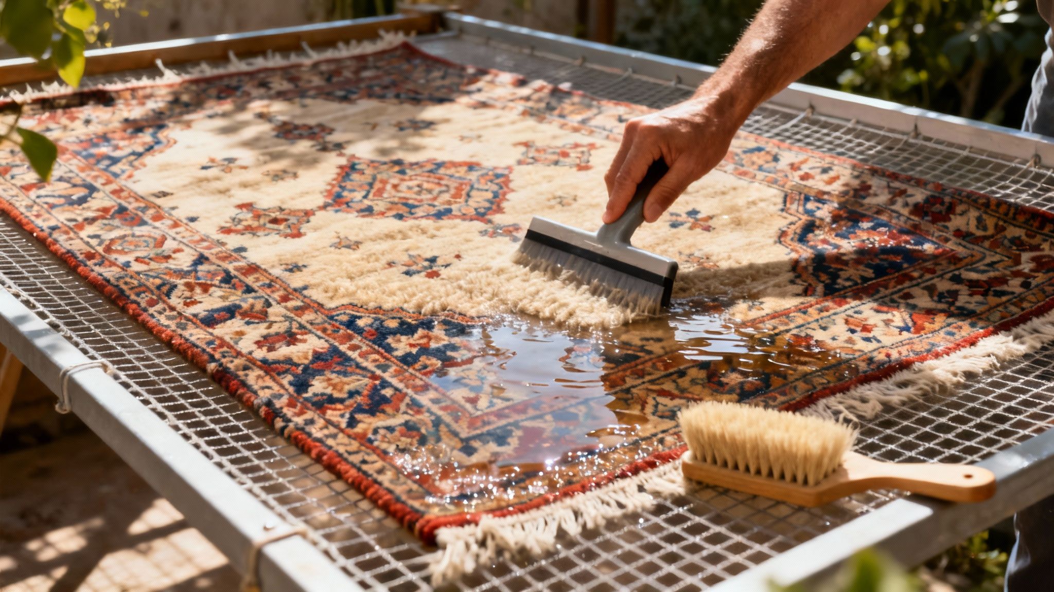 A Persian rug is shown drying flat on an elevated screen in a well-ventilated, shaded outdoor area.