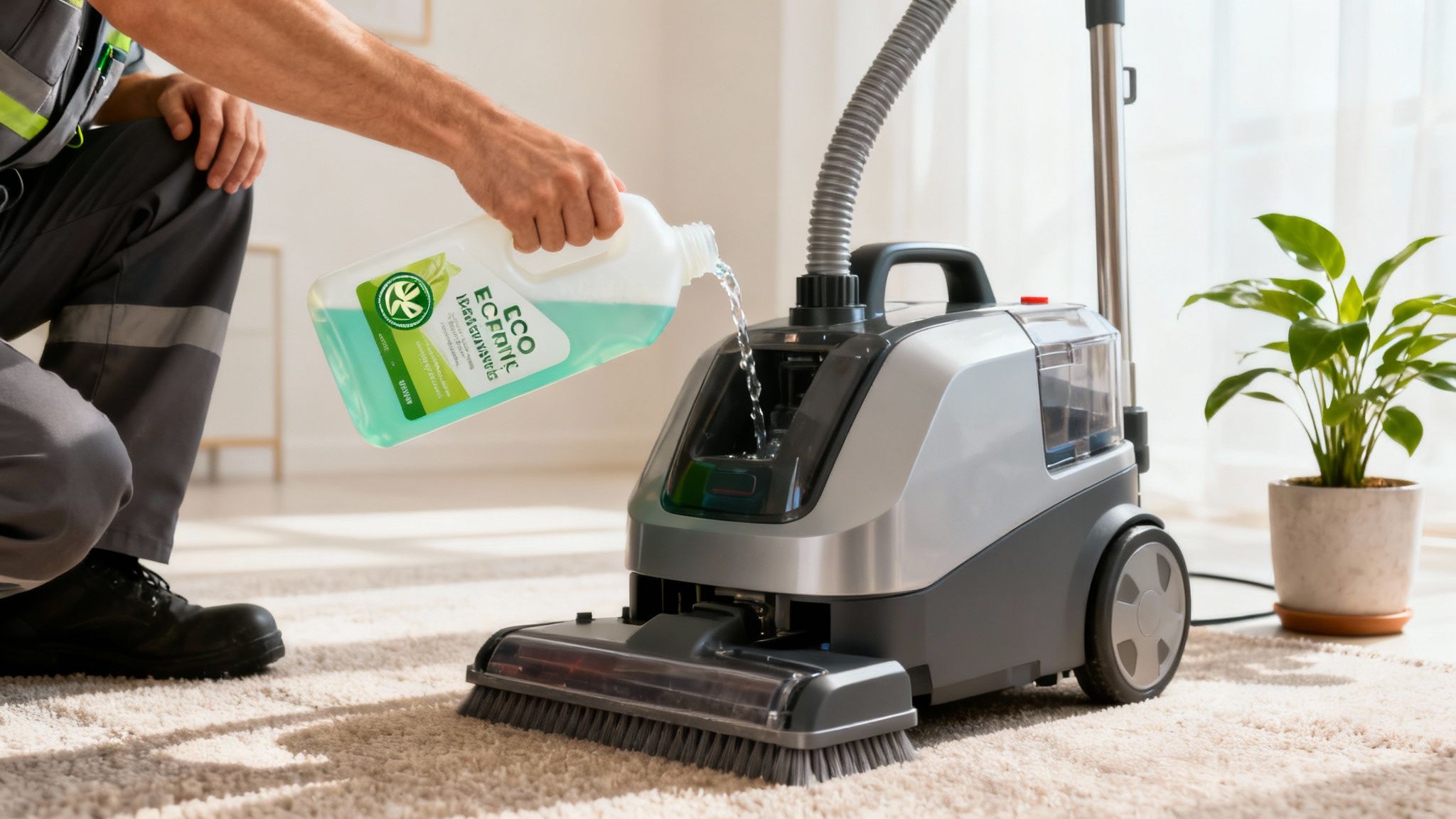 A person in work attire pours eco-friendly green solution into a carpet cleaning machine.