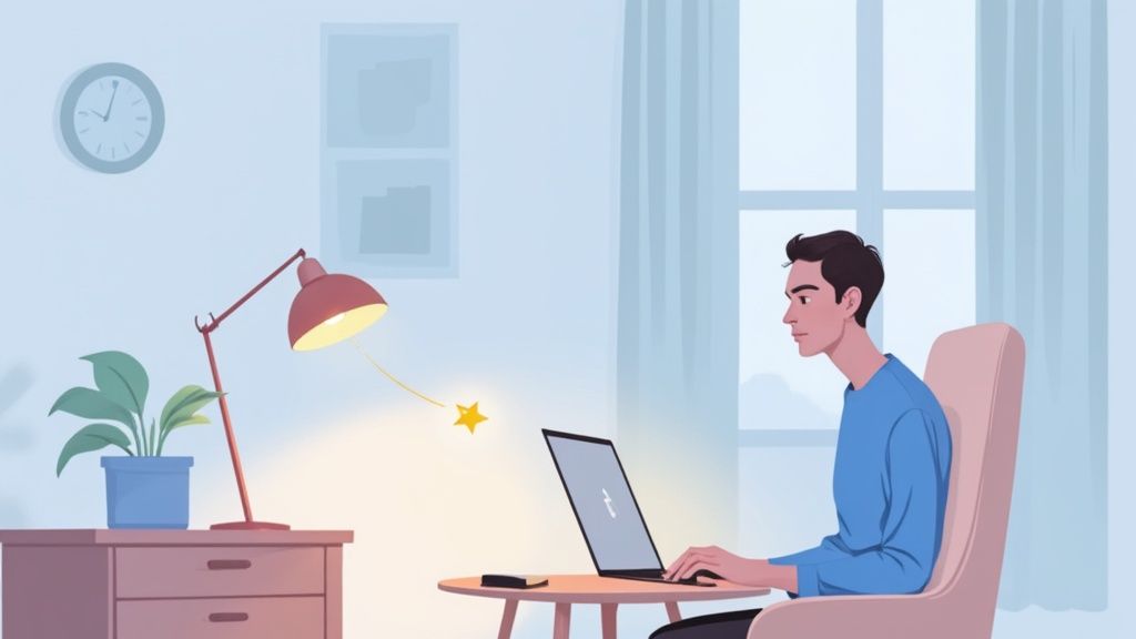 Man working on laptop computer at home desk with lamp and plant