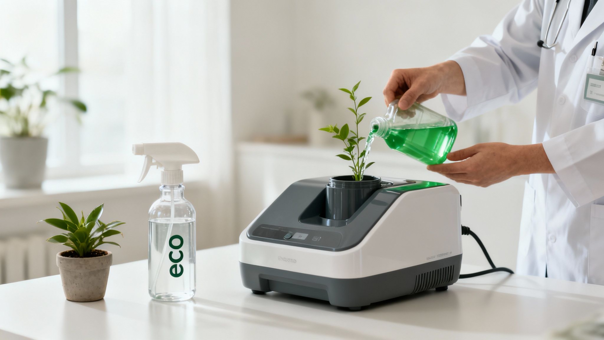 A person in a lab coat pours green liquid into a plant-growing device on a white table.
