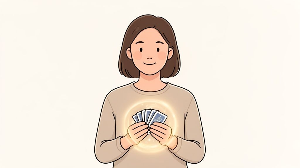 A cartoon woman with short brown hair smiles, holding glowing cards with a golden aura.