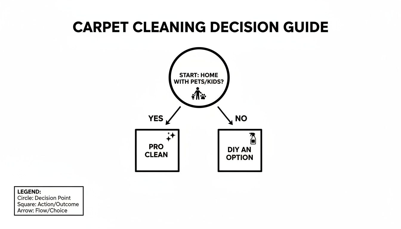 A carpet cleaning decision guide flowchart, recommending professional cleaning for homes with pets or kids.