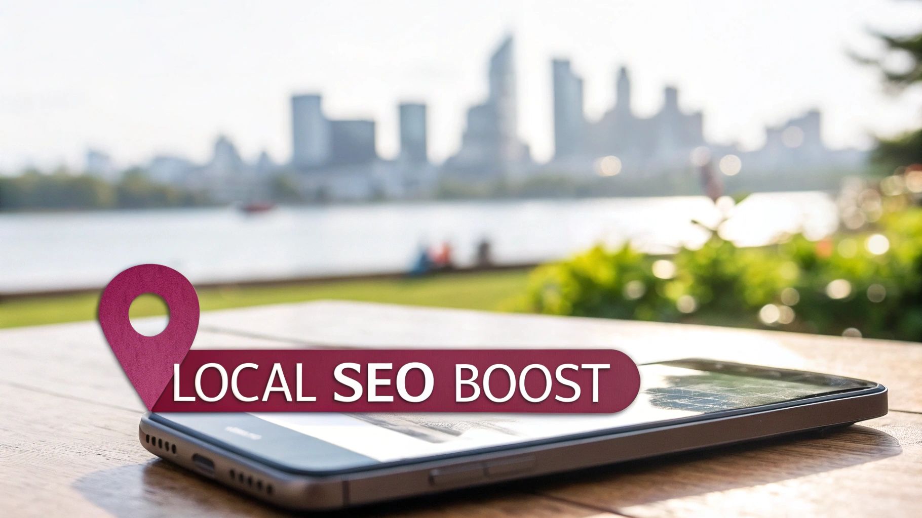 A magnifying glass hovering over a map of Vancouver, highlighting local businesses and customer locations.