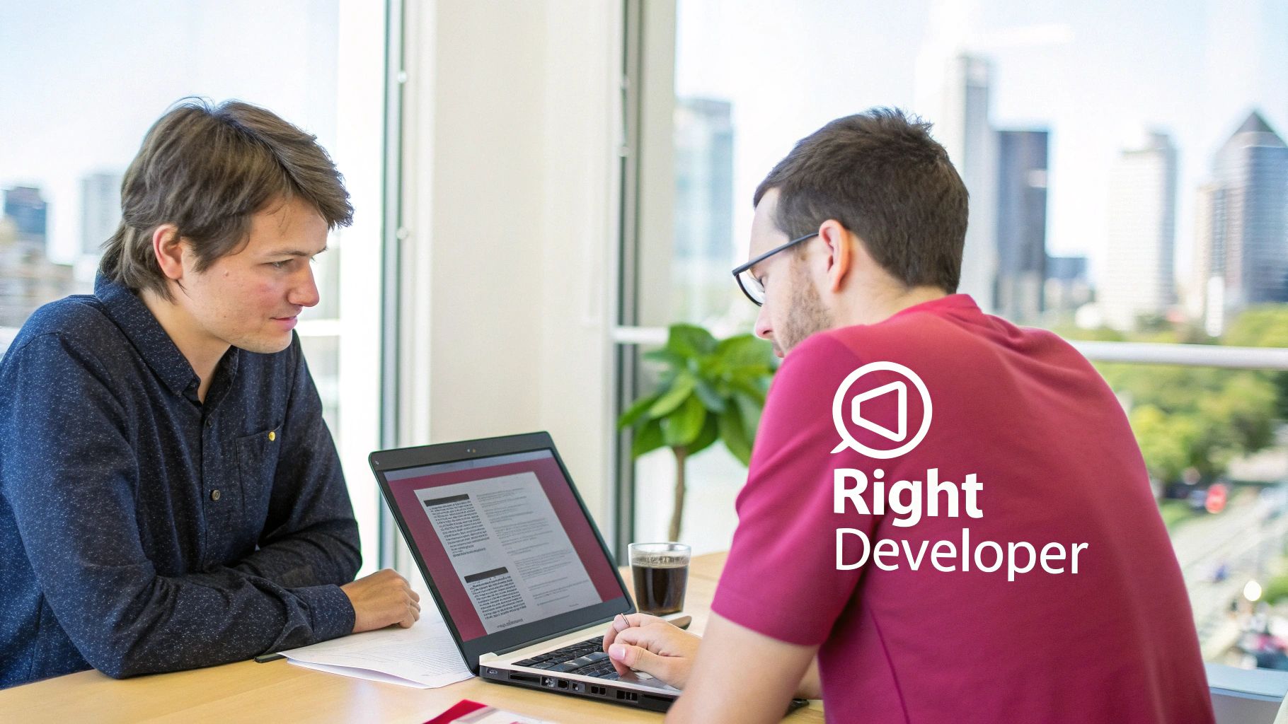 Two developers collaborating in a bright office, one with 'Right Developer' logo on his shirt.