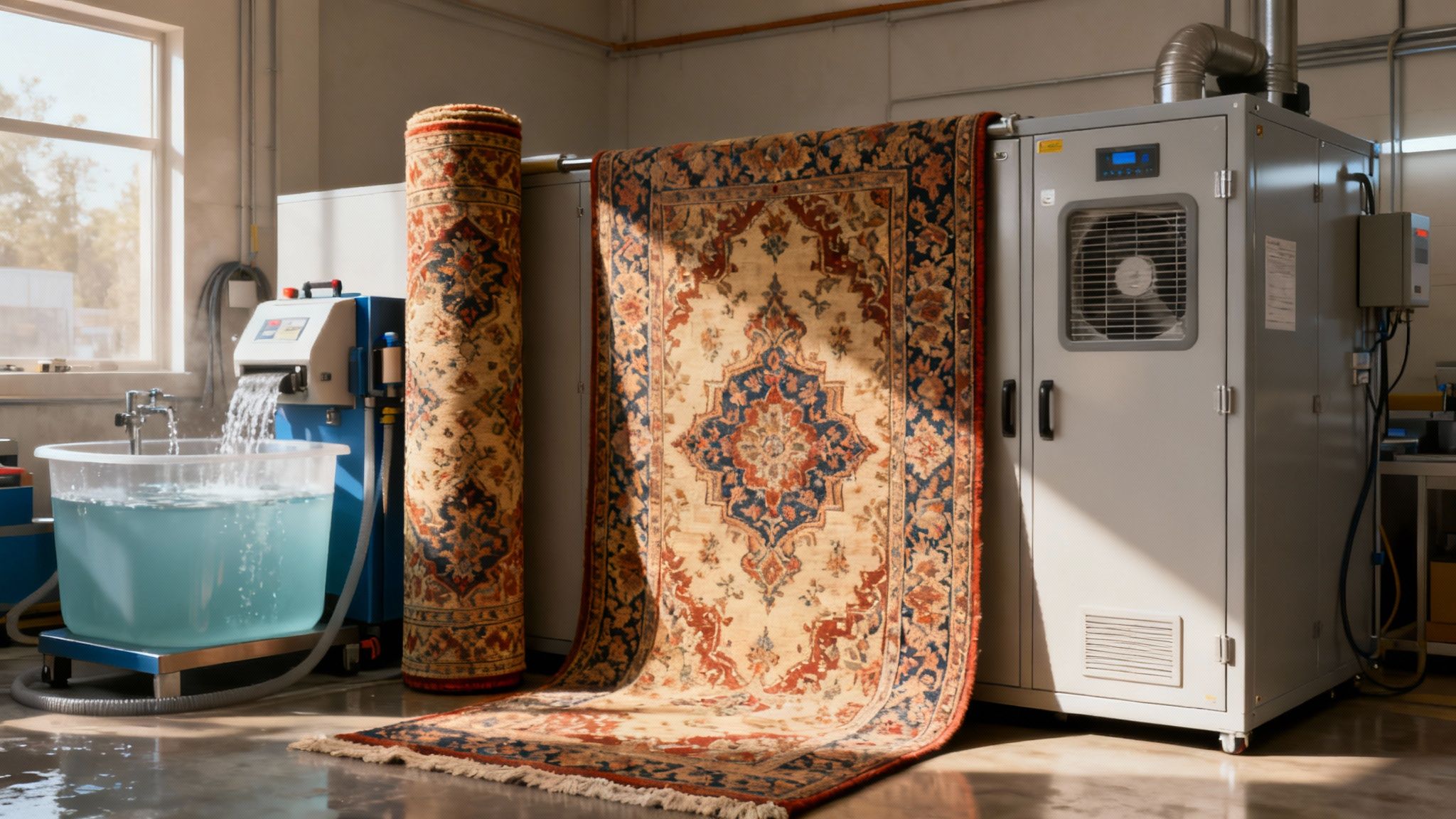 A professional rug cleaner carefully inspecting the intricate patterns of a large Persian rug in a specialized cleaning facility.