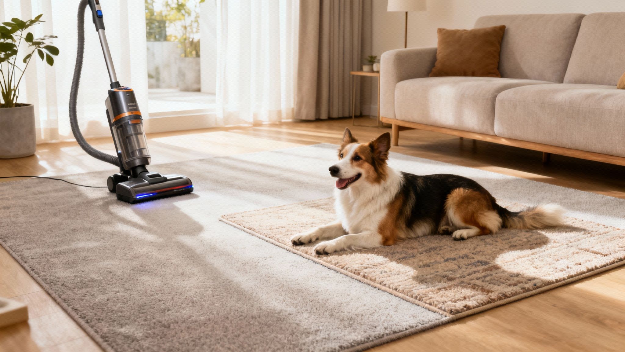 A person vacuuming a light grey carpet, with a happy pet dog sitting calmly nearby.